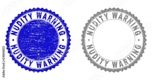 Grunge NUDITY WARNING stamp seals isolated on a white background. Rosette seals with grunge texture in blue and grey colors. Vector rubber watermark of NUDITY WARNING caption inside round rosette.
