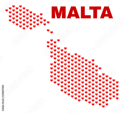 Mosaic Malta map of heart hearts in red color isolated on a white background. Regular red heart pattern in shape of Malta map. Abstract design for Valentine decoration.