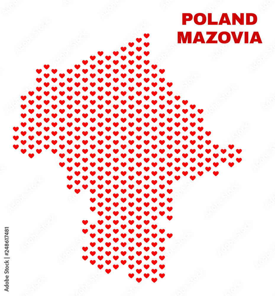 Mosaic Mazovia Province map of heart hearts in red color isolated on a white background. Regular red heart pattern in shape of Mazovia Province map. Abstract design for Valentine illustrations.