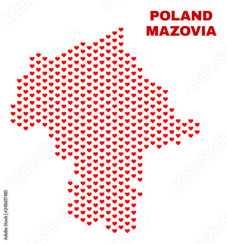 Mosaic Mazovia Province map of heart hearts in red color isolated on a white background. Regular red heart pattern in shape of Mazovia Province map. Abstract design for Valentine illustrations.