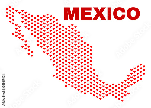 Mosaic Mexico map of heart hearts in red color isolated on a white background. Regular red heart pattern in shape of Mexico map. Abstract design for Valentine illustrations.