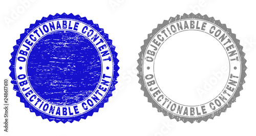 Grunge OBJECTIONABLE CONTENT stamp seals isolated on a white background. Rosette seals with grunge texture in blue and grey colors.