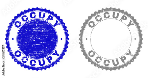Grunge OCCUPY stamp seals isolated on a white background. Rosette seals with grunge texture in blue and gray colors. Vector rubber stamp imitation of OCCUPY text inside round rosette.