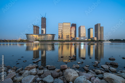 urban skyline and modern buildings at dusk  cityscape of China.