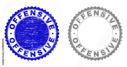 Grunge OFFENSIVE stamp seals isolated on a white background. Rosette seals with grunge texture in blue and grey colors. Vector rubber watermark of OFFENSIVE caption inside round rosette.