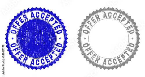 Grunge OFFER ACCEPTED stamp seals isolated on a white background. Rosette seals with grunge texture in blue and gray colors. Vector rubber stamp imprint of OFFER ACCEPTED tag inside round rosette.