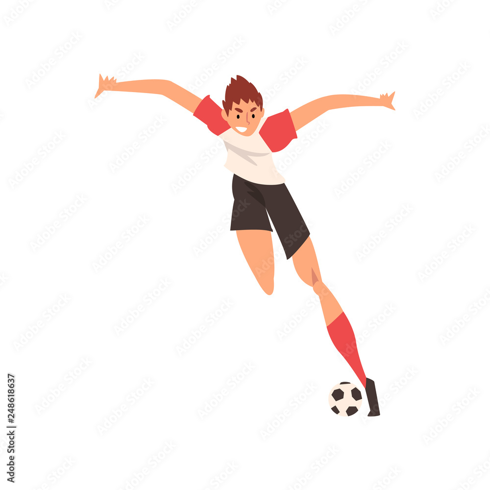 Professional Soccer Player Shooting Ball Quickly, Football Player Character in Uniform Training and Practicing Soccer Vector Illustration