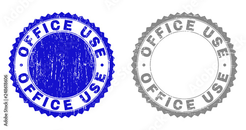 Grunge OFFICE USE stamp seals isolated on a white background. Rosette seals with grunge texture in blue and grey colors. Vector rubber stamp imitation of OFFICE USE tag inside round rosette.