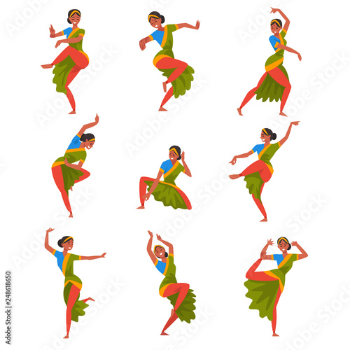 Young Man Performing Folk Dance Set, Smiling Indian Dancer Character Dancing in Traditional Clothes Vector Illustration