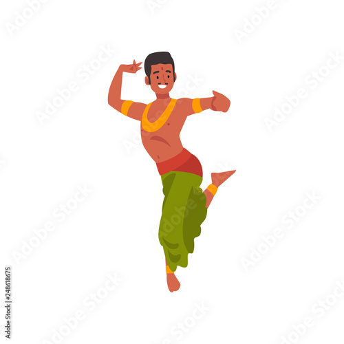 Young Man Performing Folk Dance, Smiling Indian Dancer in Traditional Clothes Vector Illustration