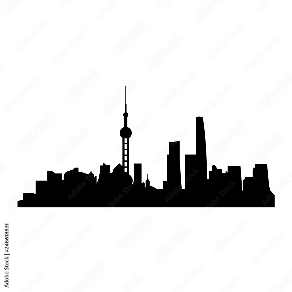 Outline of the Shanghai city, skyscrapers and a tall tower Outline of the Shanghai city, skyscrapers and a tall tower
