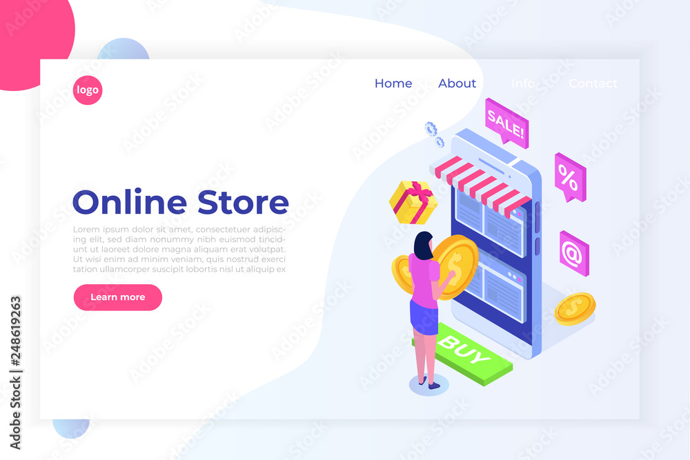 Online Shopping isometric concept with characters. Ecommerce retail on device. Vector illustration.