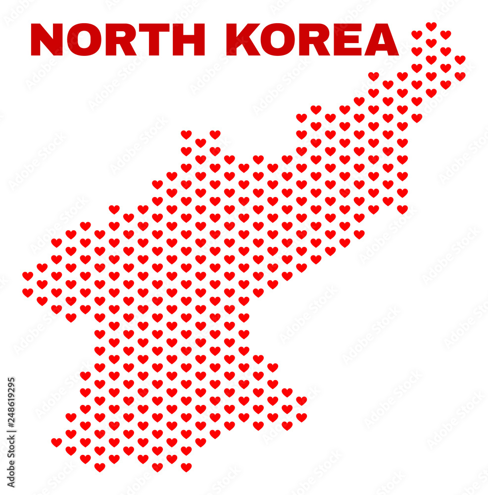 Mosaic North Korea map of love hearts in red color isolated on a white background. Regular red heart pattern in shape of North Korea map. Abstract design for Valentine illustrations.