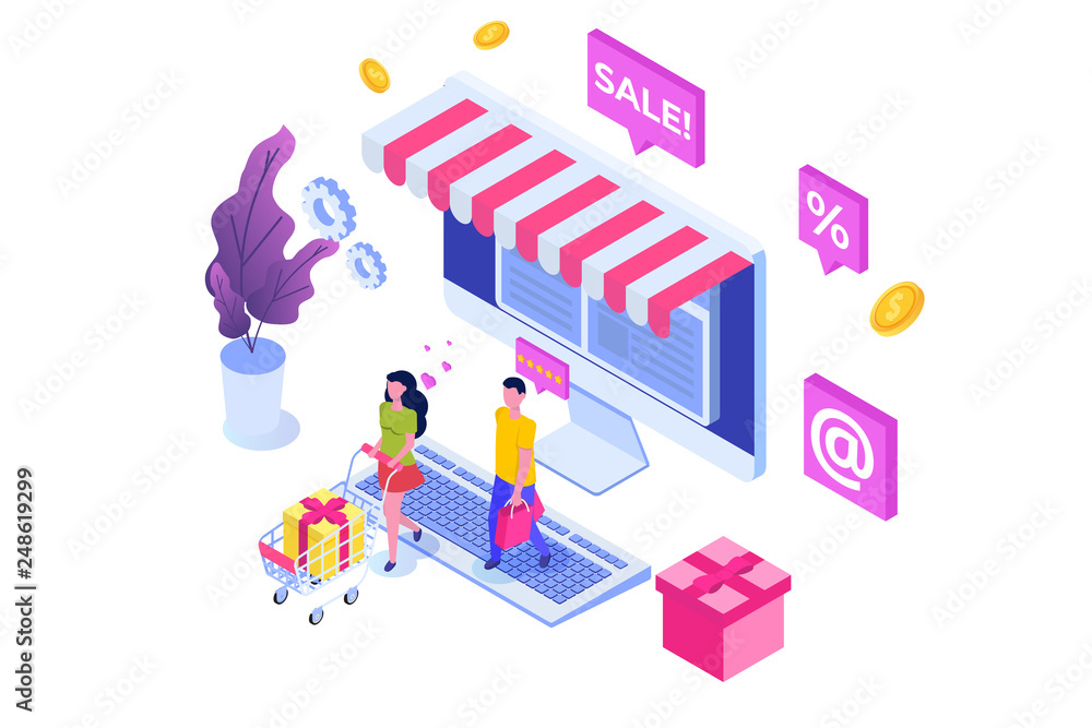 Online Shopping isometric concept with characters. Ecommerce retail on device. Vector illustration. Online Shopping isometric concept with characters. Ecommerce retail on device. Vector illustration.