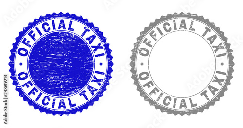 Grunge OFFICIAL TAXI stamp seals isolated on a white background. Rosette seals with grunge texture in blue and gray colors. Vector rubber stamp imprint of OFFICIAL TAXI title inside round rosette.