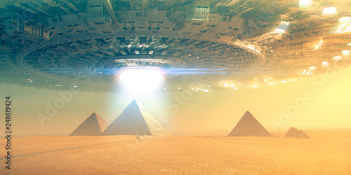 Photography Giant Flying saucer over pyramid in giza -  3d rendering