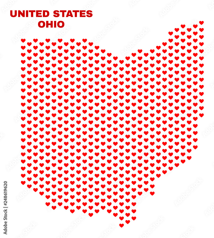 Mosaic Ohio State map of valentine hearts in red color isolated on a white background. Regular red heart pattern in shape of Ohio State map. Abstract design for Valentine illustrations.