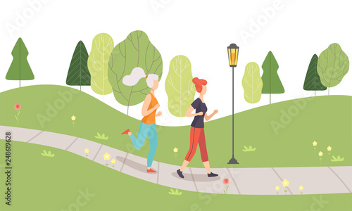 Young Women Running Jogging in Park, Girls Doing Physical Activities Outdoors, Healthy Lifestyle and Fitness Vector Illustration
