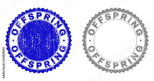 Grunge OFFSPRING stamp seals isolated on a white background. Rosette seals with grunge texture in blue and gray colors. Vector rubber stamp imitation of OFFSPRING tag inside round rosette.
