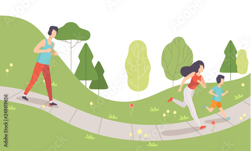 Family Running in Park, Mother, Father and Their Son Doing Physical Activities Outdoors, Healthy Lifestyle and Fitness Vector Illustration