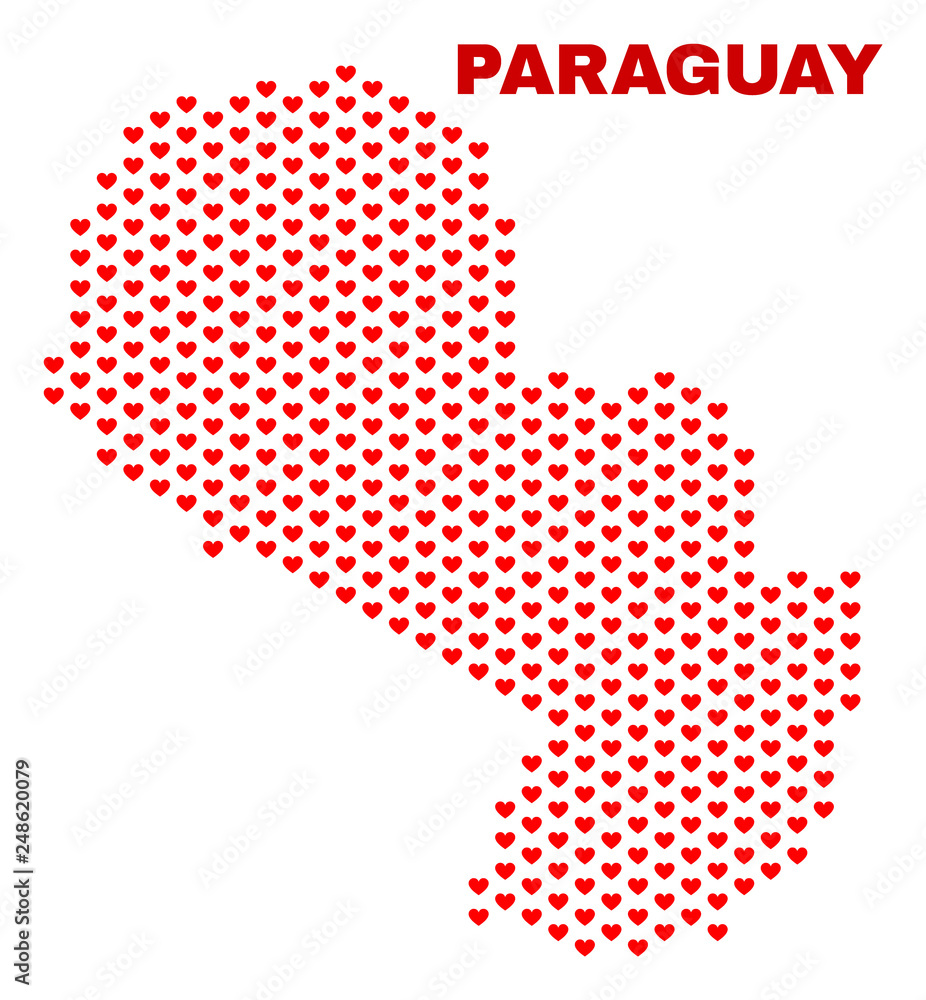 Obraz premium Mosaic Paraguay map of love hearts in red color isolated on a white background. Regular red heart pattern in shape of Paraguay map. Abstract design for Valentine illustrations.