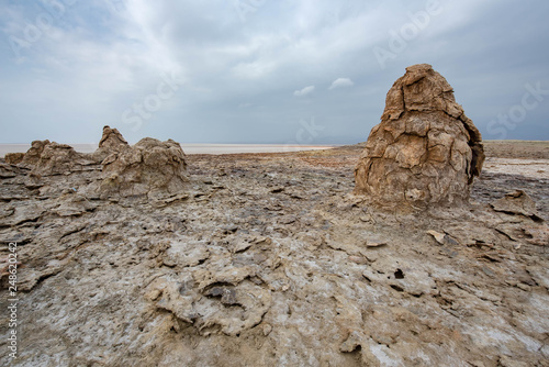 Dallol is an active volcanic crater in the Danakil Basin, Ethiopia. Africa. The volcano is known for its extraterrestrial landscapes resembling the surface of Io, the satellite of the planet Jupiter.  photo