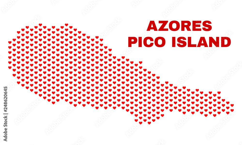 Mosaic Pico Island map of valentine hearts in red color isolated on a white background. Regular red heart pattern in shape of Pico Island map. Abstract design for Valentine decoration.