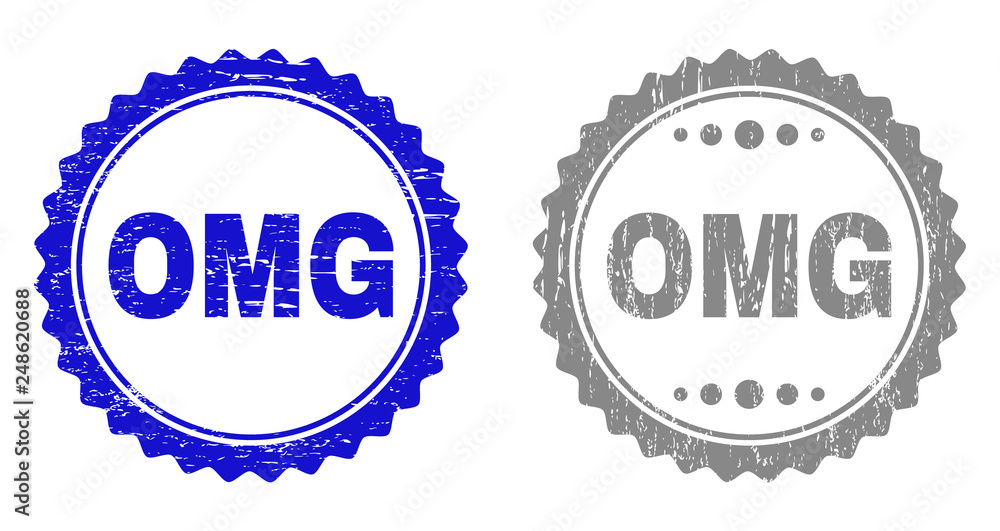 Grunge OMG stamp seals isolated on a white background. Rosette seals with grunge texture in blue and gray colors. Vector rubber stamp imitation of OMG text inside round rosette.