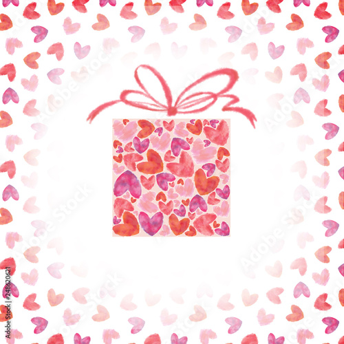 Present Box with Hearts and Tied Bow. Illustration in Watercolor Textures for Valentine Day, Wedding, and Romantic Event.