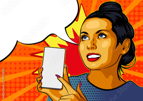 Pinup girl with Smartphone. Beautiful woman showing on the display of her phone. Vector illustration