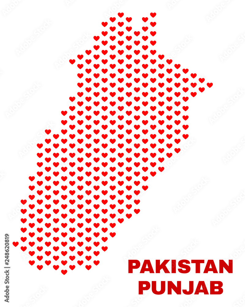 Mosaic Punjab Province map of valentine hearts in red color isolated on a white background. Regular red heart pattern in shape of Punjab Province map. Abstract design for Valentine decoration.