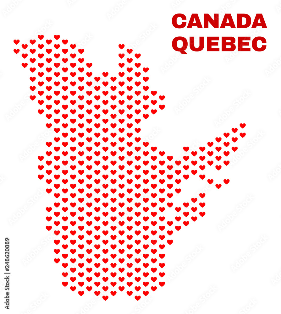 Mosaic Quebec Province map of valentine hearts in red color isolated on a white background. Regular red heart pattern in shape of Quebec Province map. Abstract design for Valentine decoration.