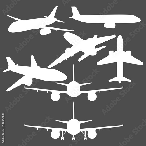 Vector Set of White Civil Airplanes Silhouettes