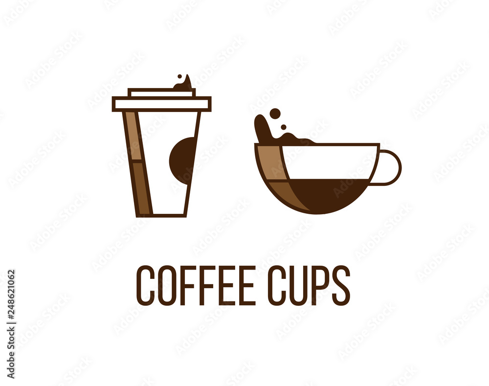 Paper and ceramic or glass cup filled with coffee. Cofee cups