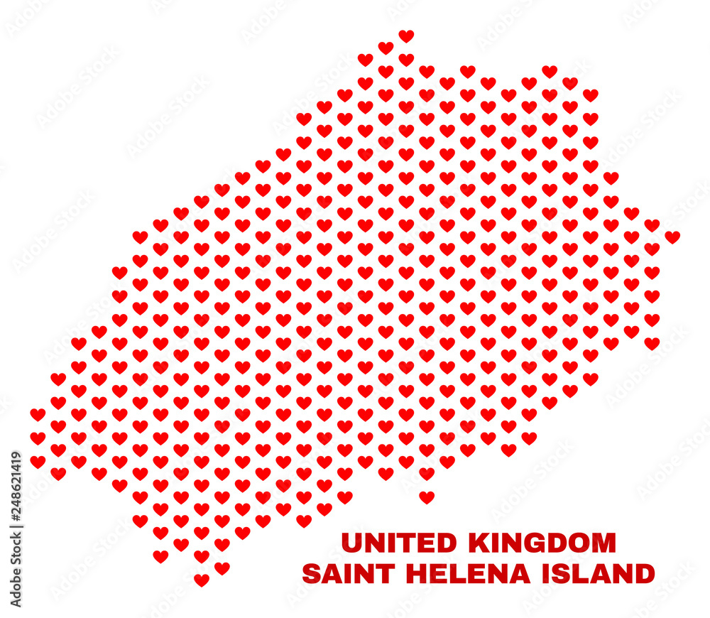 Mosaic Saint Helena Island map of love hearts in red color isolated on a white background. Regular red heart pattern in shape of Saint Helena Island map. Abstract design for Valentine illustrations.