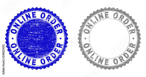 Grunge ONLINE ORDER stamp seals isolated on a white background. Rosette seals with grunge texture in blue and gray colors. Vector rubber stamp imprint of ONLINE ORDER tag inside round rosette.