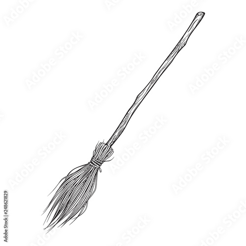 Broom magic vehicle of the witch hand drawn ink style boho chic sticker, patch, flash tattoo or print design vector illustration.