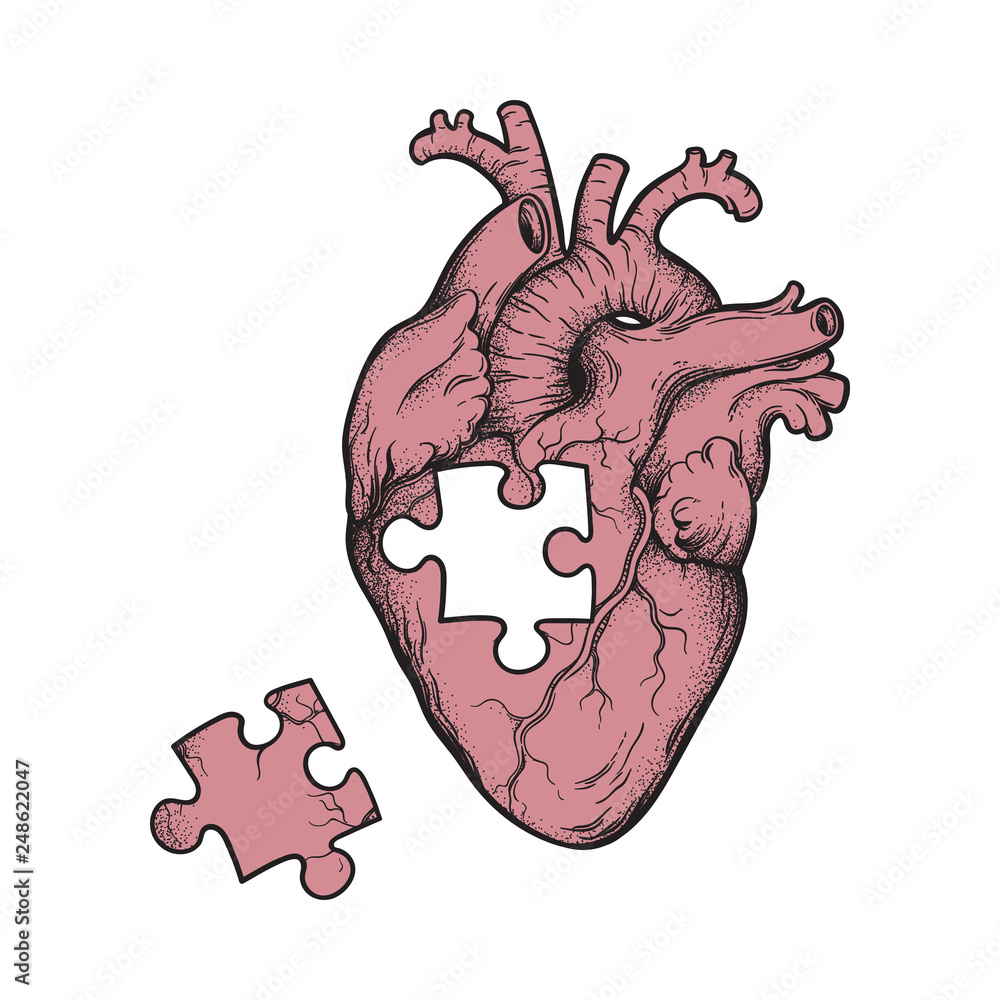 Human heart with missing puzzle piece hand drawn line art and dotwork.  Flash tattoo or print design vector illustration. Stock Vector | Adobe Stock