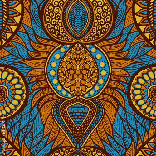 African print in blue, orange and yellow colors. Colorful ethnic seamless pattern