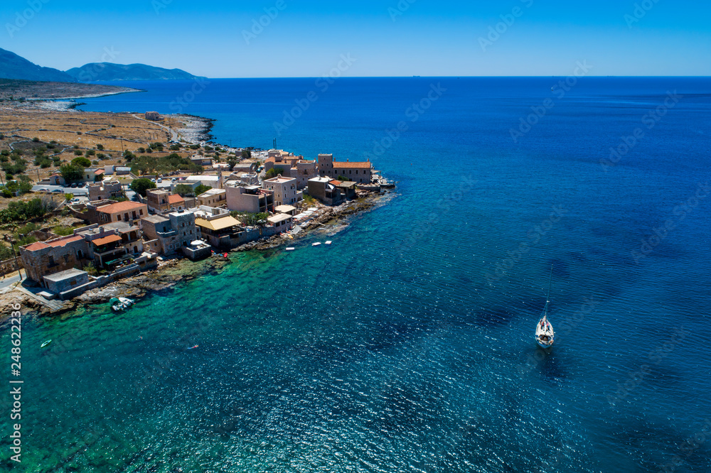 aerial view of Gerolimenas in Laconia, is one of the most picturesque settlements of Mani with a small natural harbor.   Peloponnese, Greece