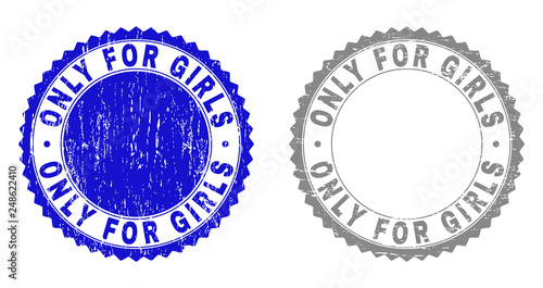 Grunge ONLY FOR GIRLS stamp seals isolated on a white background. Rosette seals with distress texture in blue and gray colors. Vector rubber stamp imprint of ONLY FOR GIRLS text inside round rosette.