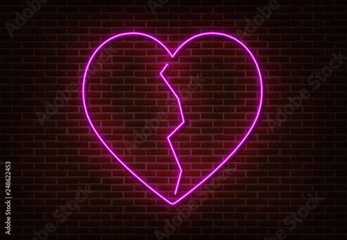 Neon crack heart sign vector isolated on brick wall. Light heart, shop decoration element. Neon love