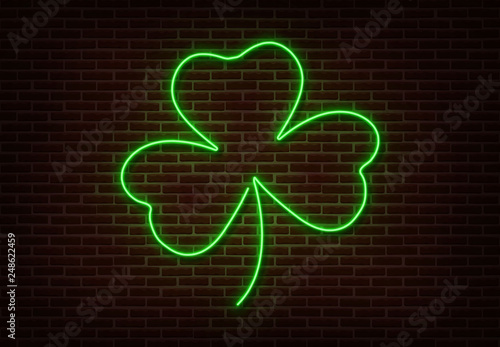 Neon green Shamrock sign vector isolated on brick wall. Light Happy Patric shop decoration element. 