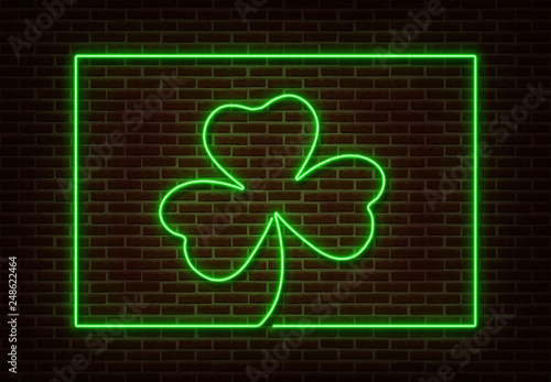 Neon green Shamrock with frame sign vector isolated on brick wall. Light Happy Patric shop decoratio