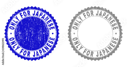 Grunge ONLY FOR JAPANESE stamp seals isolated on a white background. Rosette seals with distress texture in blue and grey colors.