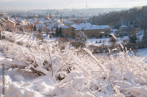 View from Petrin hill to snowy Prague Mala Strana - Lesser Town