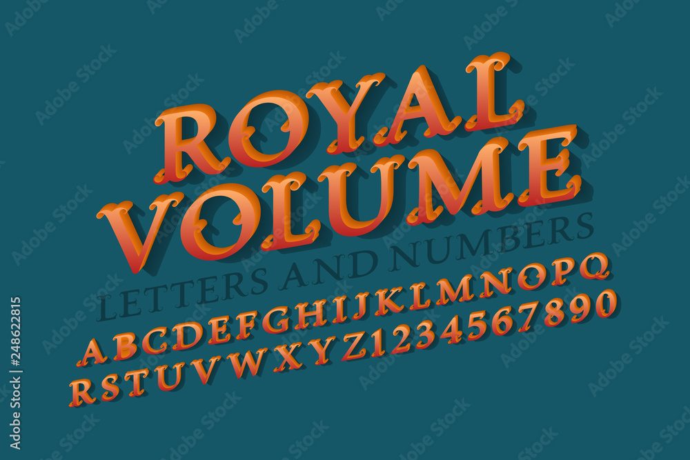 Obraz premium Royal volume letters and numbers. 3d vintage font. Isolated english alphabet.