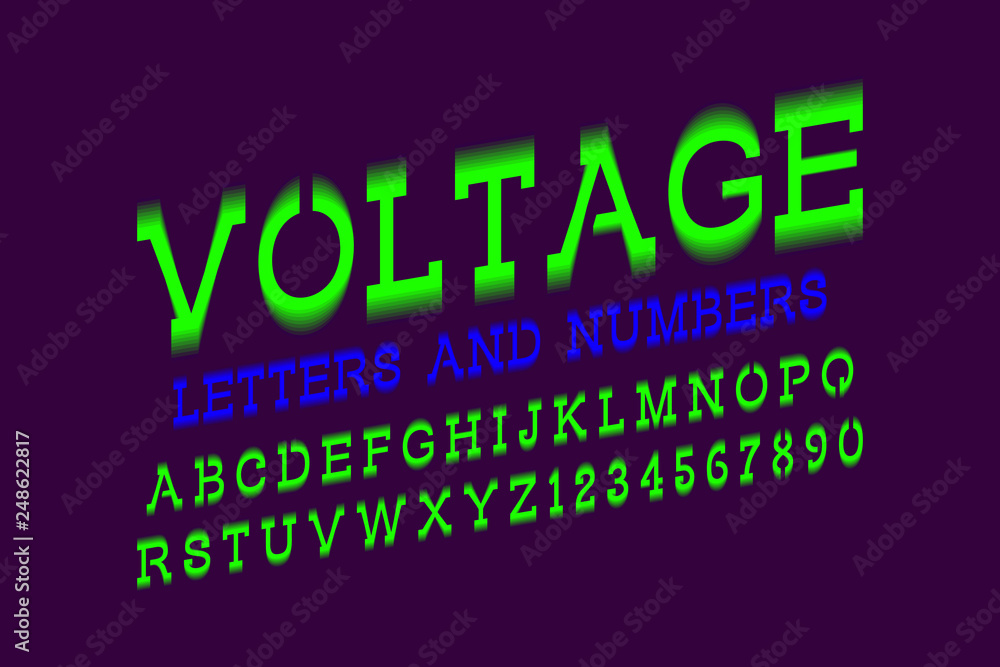 Voltage letters and numbers. Green electric vibrant font. Isolated english alphabet.
