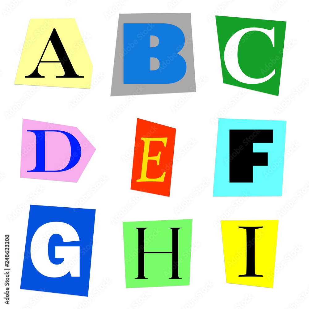 colorful alphabet cut out from magazine letters A to I in high resolution colorful alphabet cut out from magazine letters A to I in high resolution