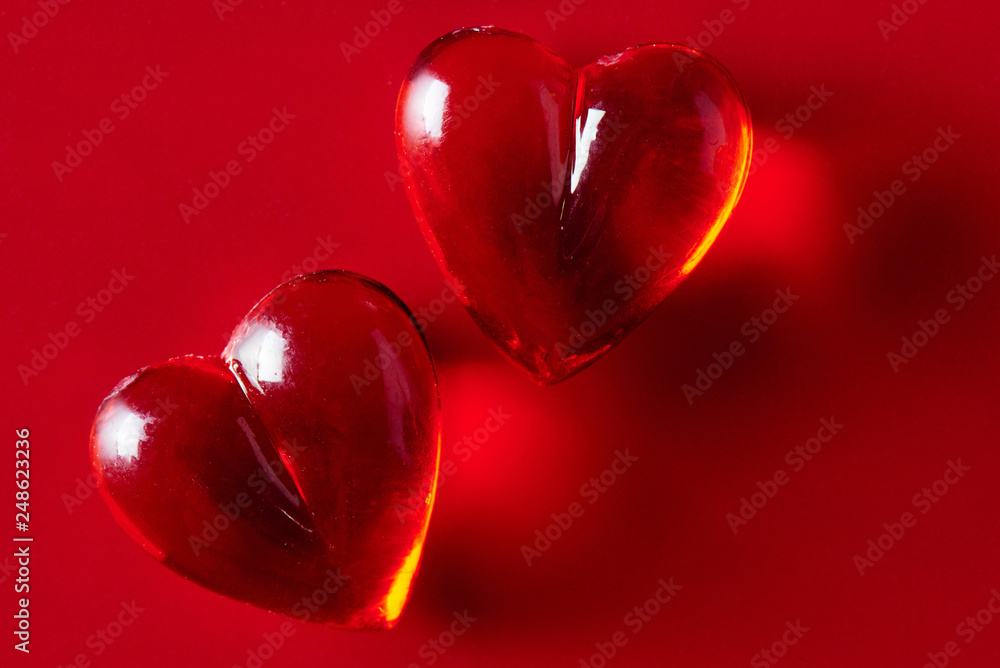 Two red candy hearts. Love concept Valentine's Day Two red candy hearts. Love concept Valentine's Day